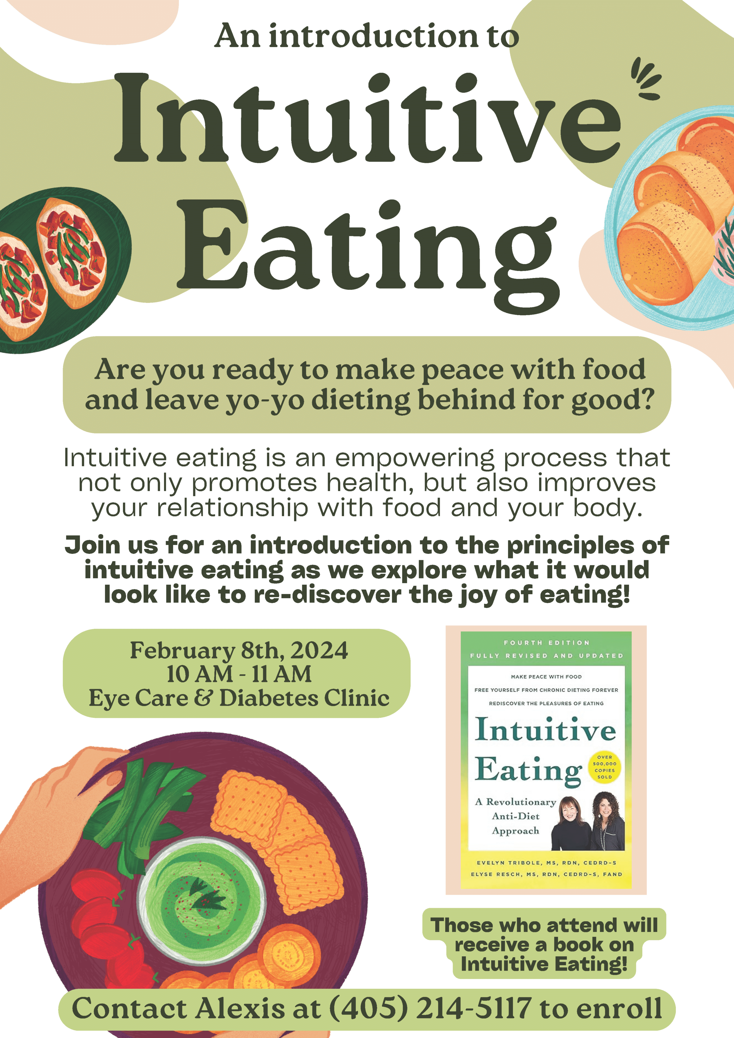 Flyer with illustrations of snack plates and green text inviting attendees to a class on intuitive eating.
