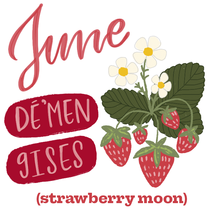 An illustration of strawberries and stawberry flowers, accompanied by text in berry pink that reads "June: Demen Gises (strawberry moon)"