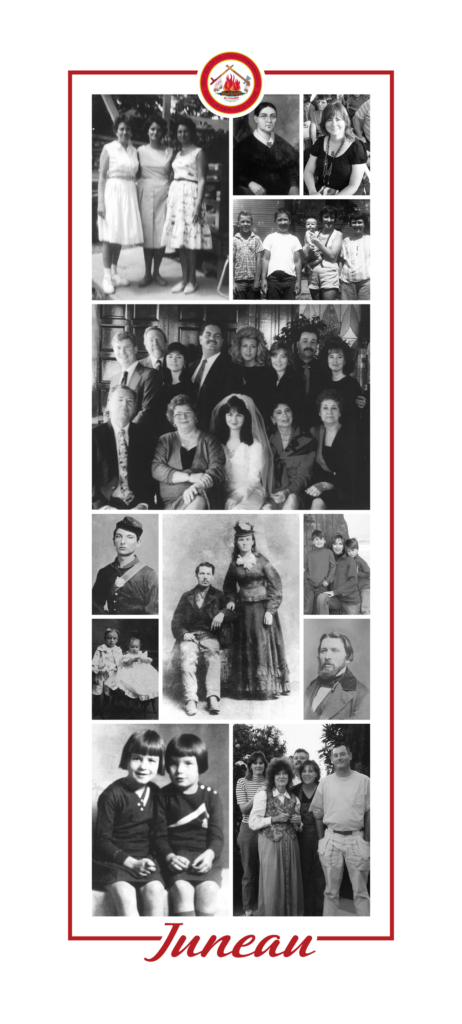 Juneau family history poster with black and white photographs.