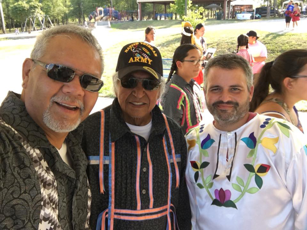 Selfie of Hannahville Indian Community Tribal Chairperson Kenneth Meshigaud, Jim Thunder and CPN Language Department Director Justin Neely (left to right) at the Potawatomi Gathering. 