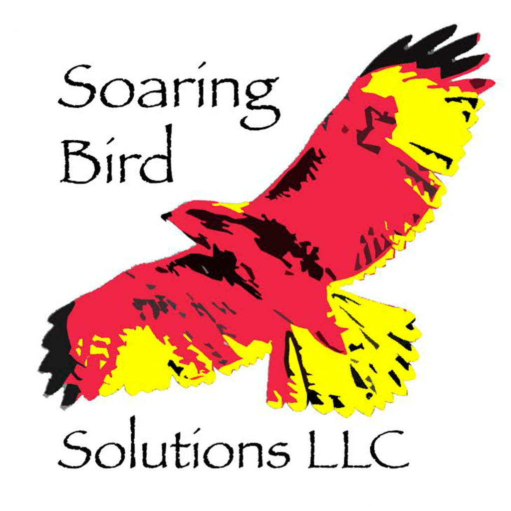 Soaring Bird Solutions LLC's logo is an image of a bird in flight. The bird is mostly red, with yellow and black accents. 