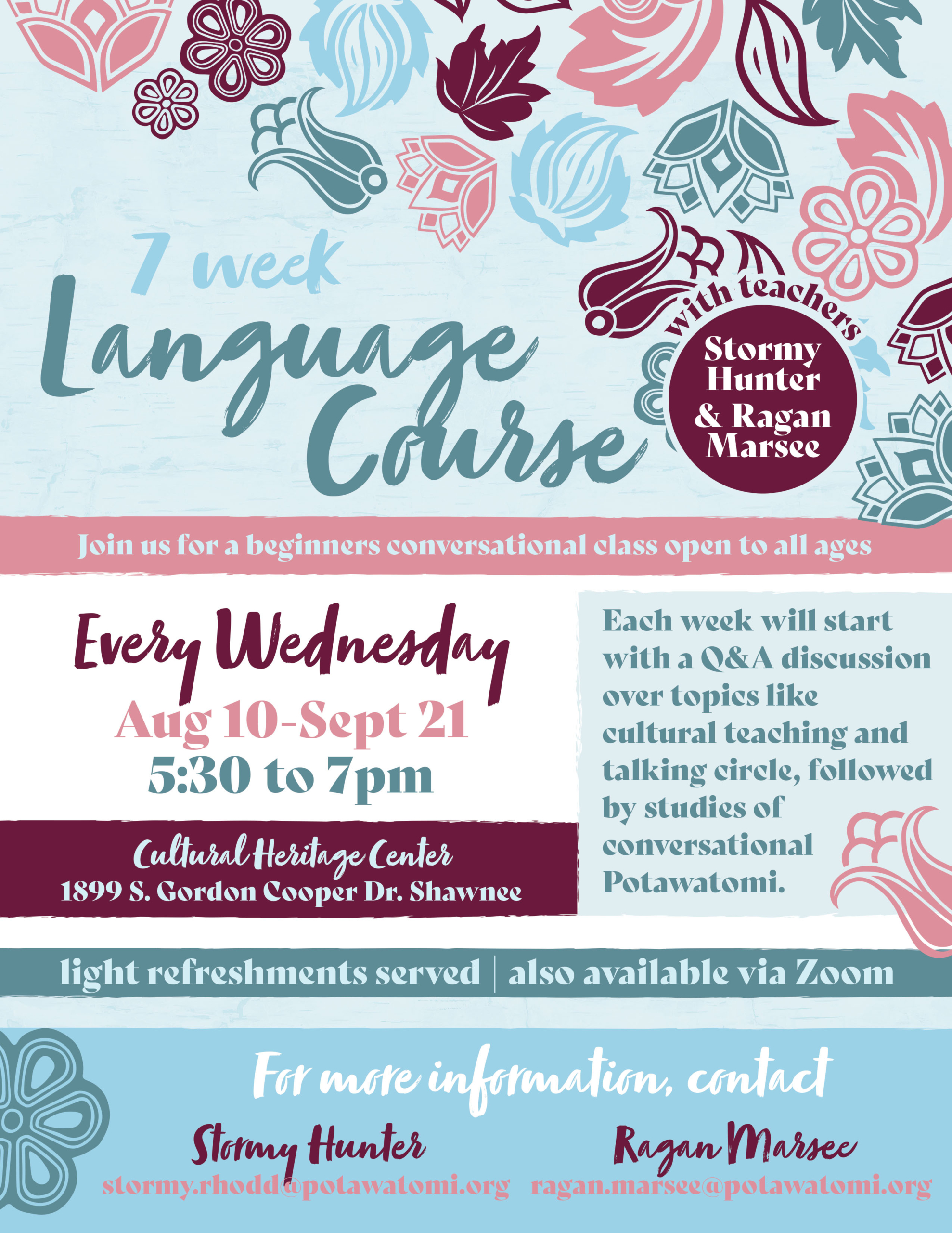 teal, blue, pink and purple floral designs spread across this flyer advertising the 7-week Potawatomi language class running August 10 - September 21 at the CPN Cultural Heritage Center.