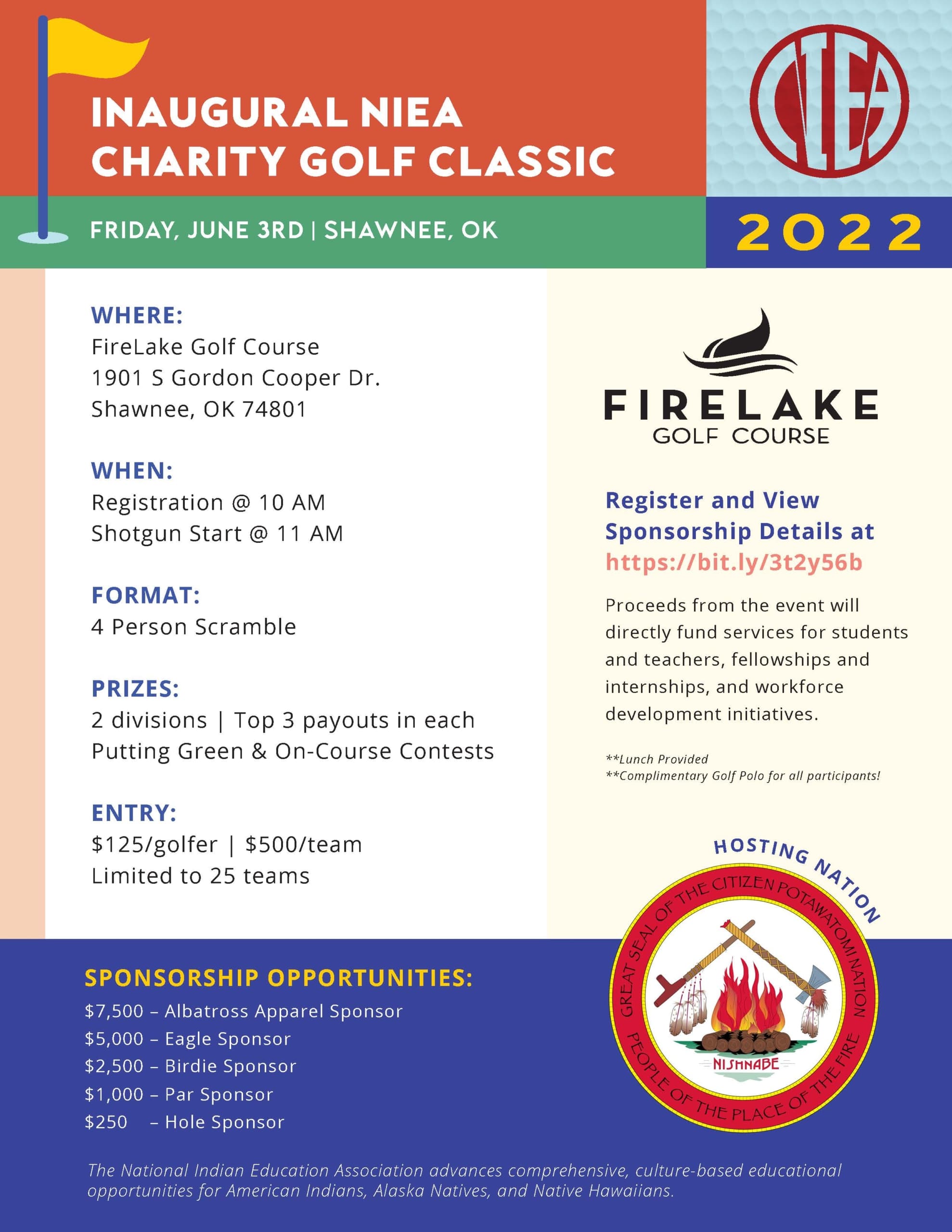 color block flyer describing the inaugural NIEA Charity Golf Classic, to be held at FireLake Golf Course on Friday, June 3, 2022.