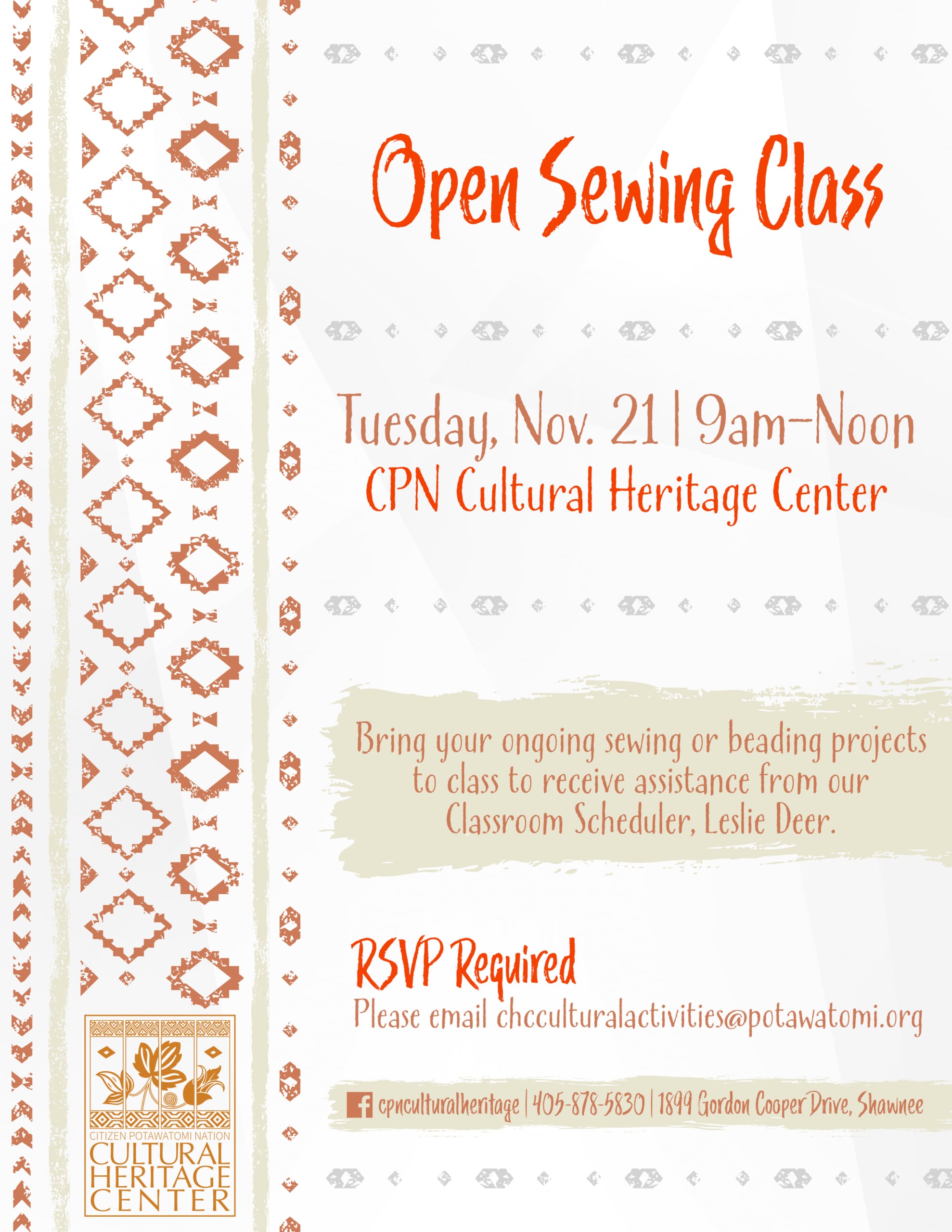 Brown and orange geometric patterns frame class details for open sewing class on November 21, 2023.