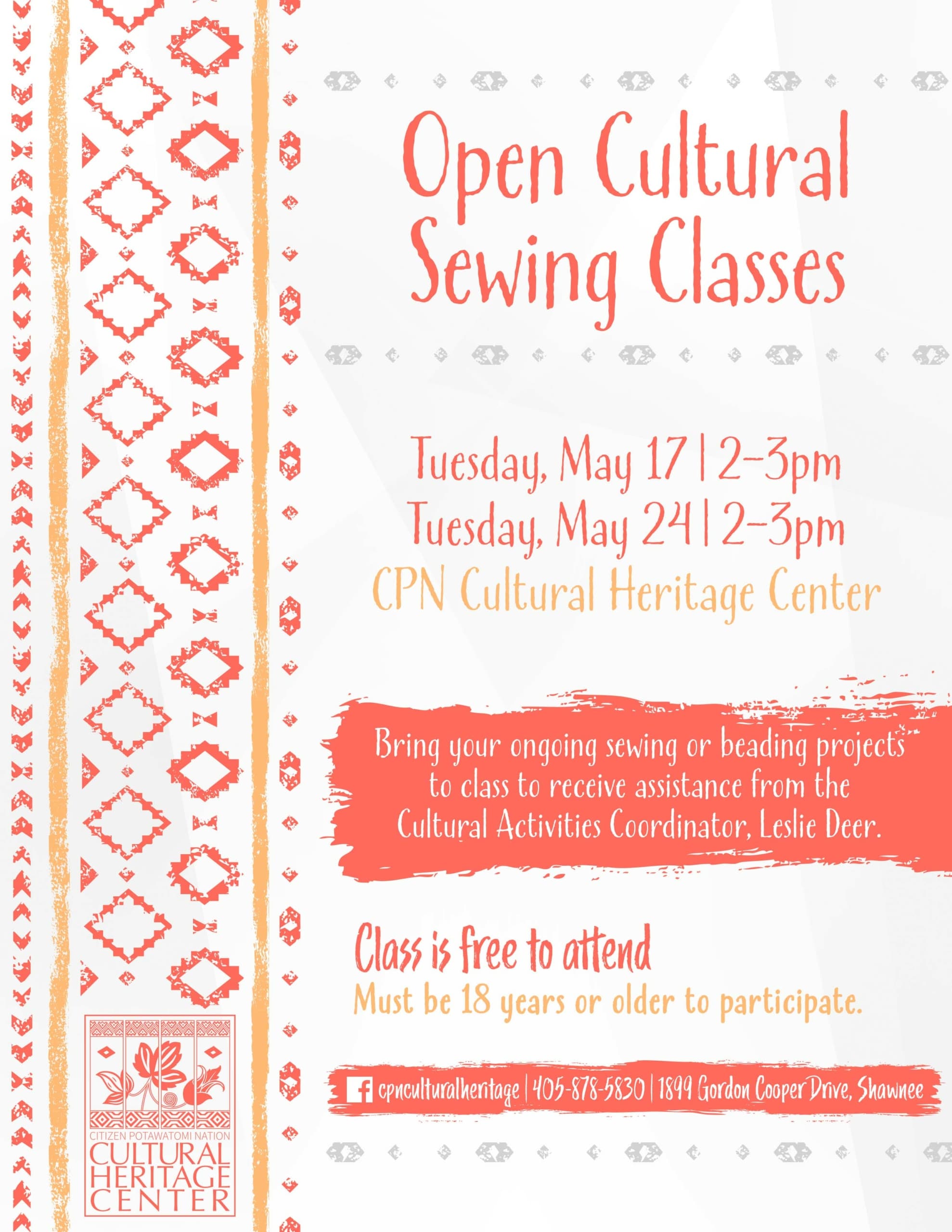 Orange and peach geometric patterns surround text that invites participants to open sewing or beading workshops on May 17 and 24, 2022.