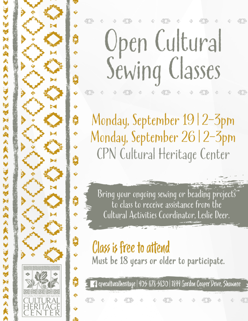 Silver and gold geometric patterns frame event details for the Open Cultural Sewing Classes held September 19 and 26 at the CPN Cultural Heritage Center.