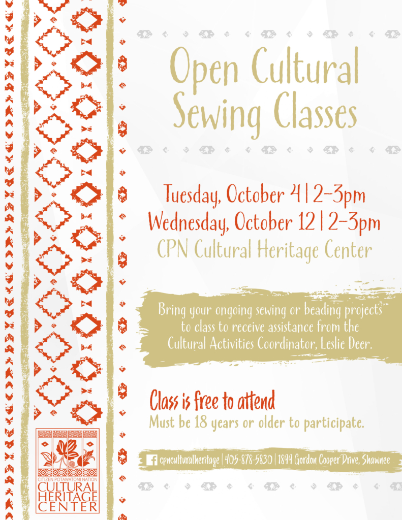 Red and gold geometric designs frame event details for October's Open Cultural Sewing Classes.