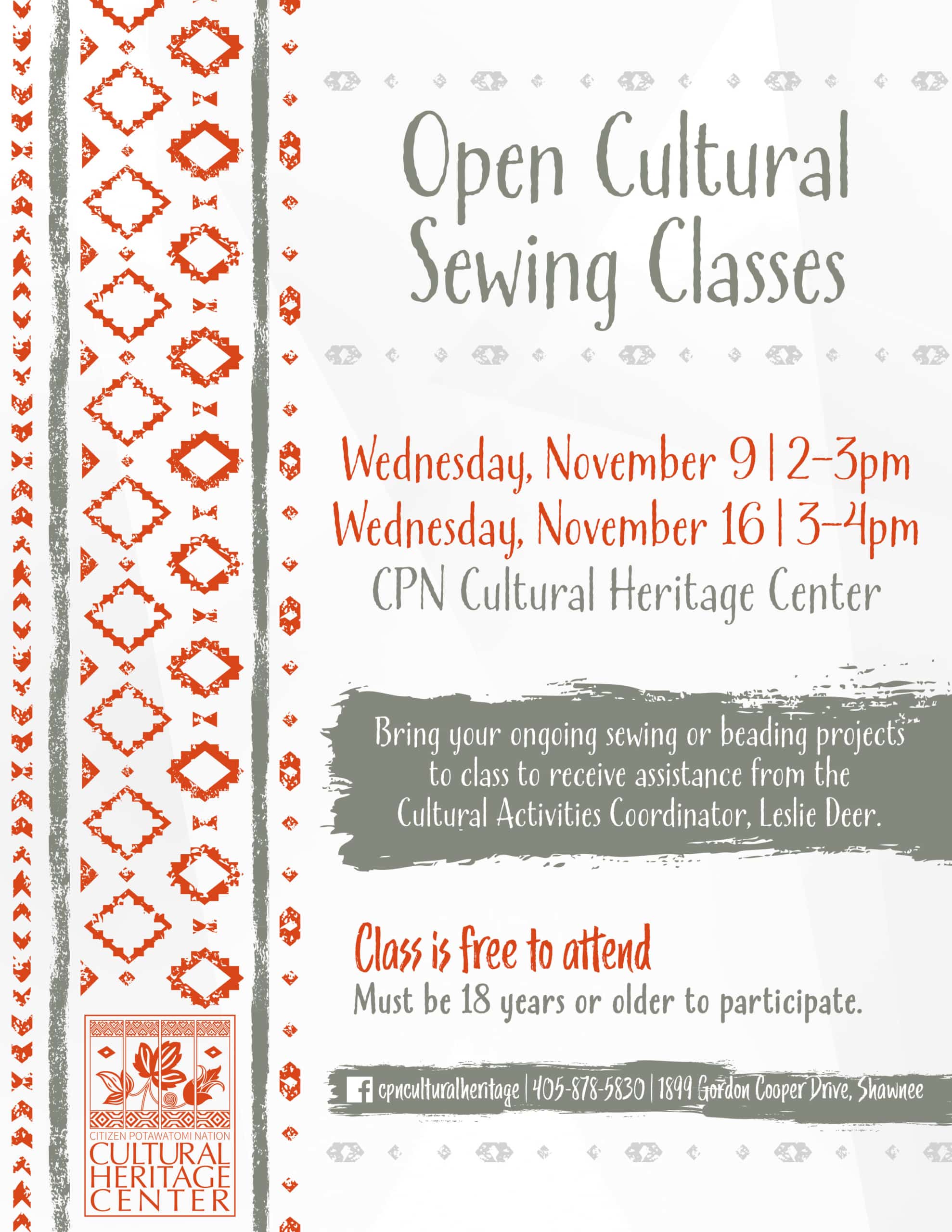 Red and grey geometric designs frame class details for the November 9 and November 16 Open Cultural Sewing Classes at the CPN Cultural Heritage Center.