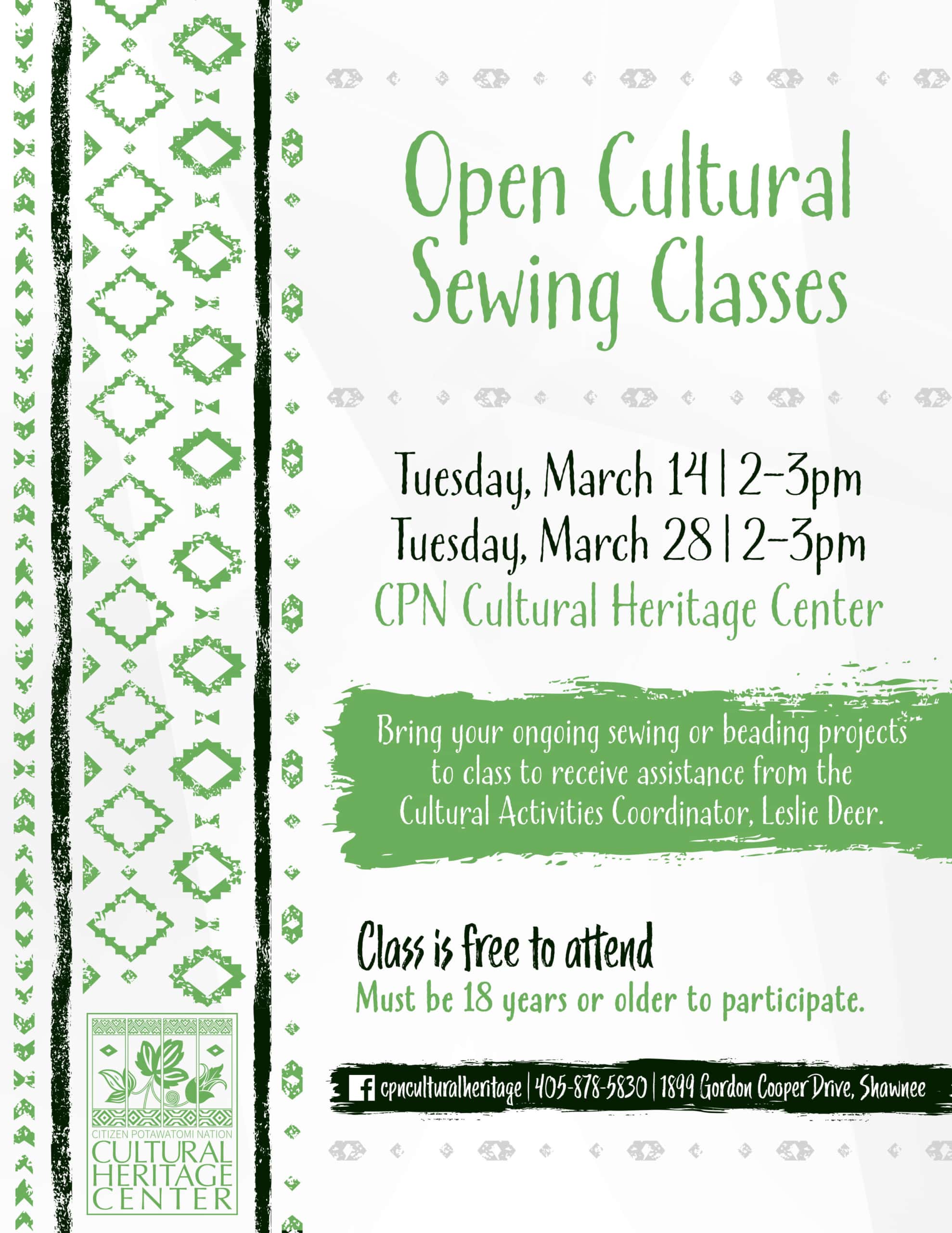 Green geometric designs frame text announcing the March 2023 Open Cultural Sewing Classes.
