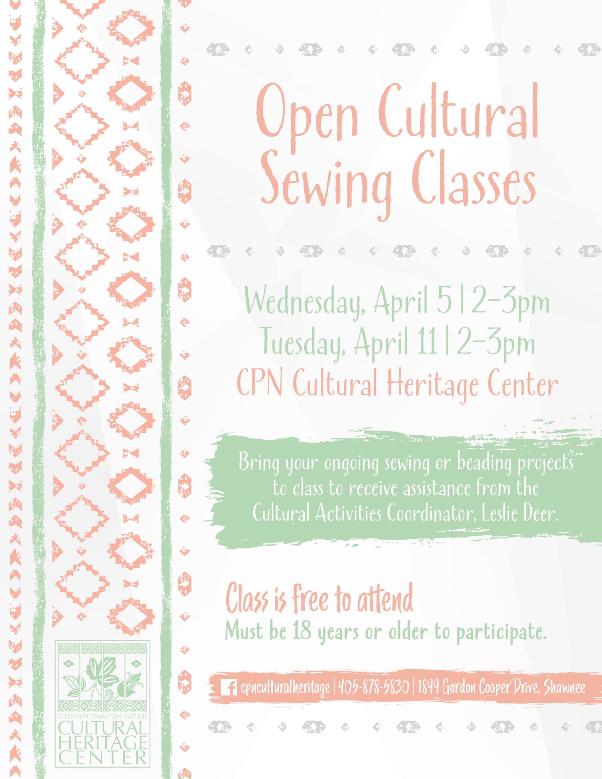 Pink and green geometric designs frame class details for April's "Open Cultural Sewing Classes."