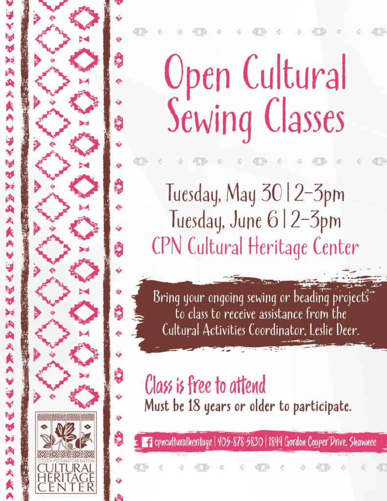 Pink geometric designs frame the class details for Open Sewing Classes on May 30 and June 6, 2023.