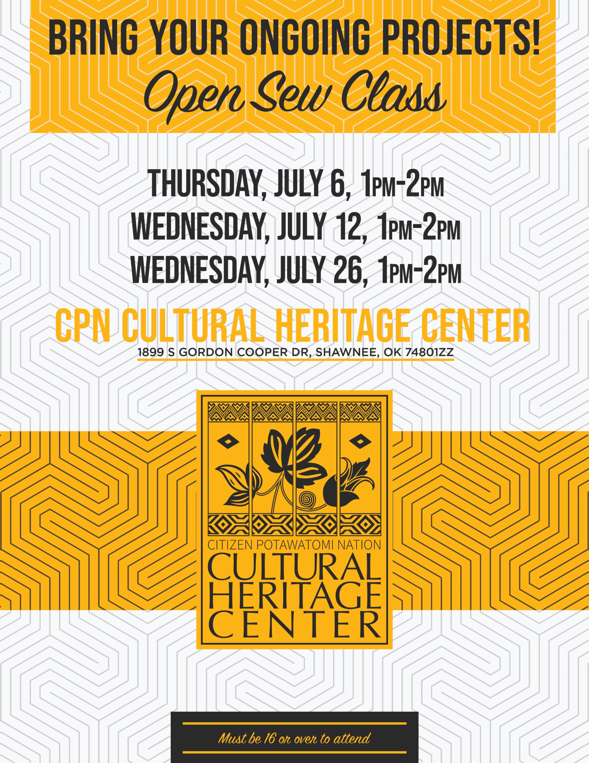 Yellow and white boxes with black geometric designs frame event details for the open sewing classes in July at the Cultural Heritage Center.