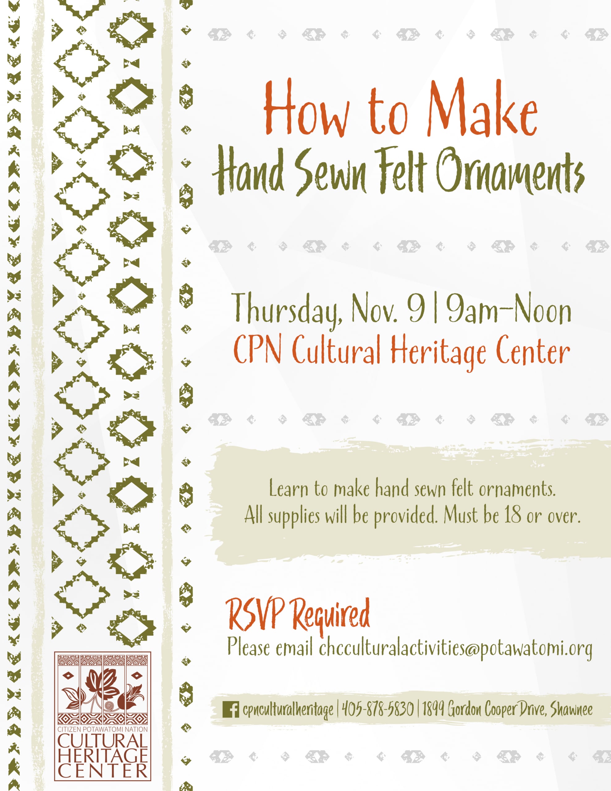 Green and orange text with geometric patterns announces the Nov. 9 2023 hand sewn felt ornaments class.