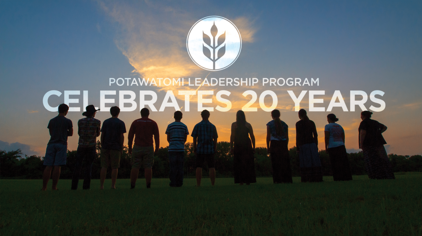 silhouette of 11 people against an orange and blue sky, with the white Potawatomi Leadership Program logo over it.