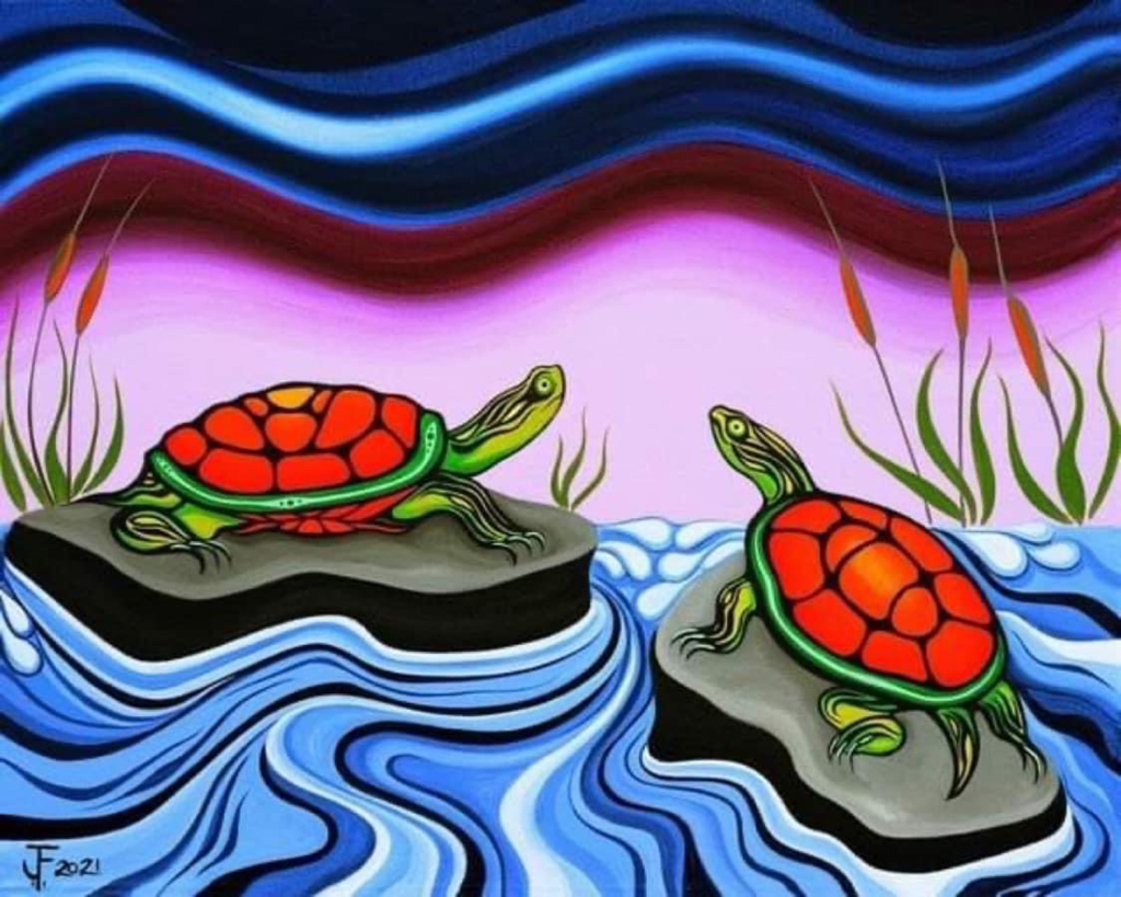 Colorful painting of two red-shelled turtles on rocks in swirling blue waters. A pink horizon and reeds are behind them. 