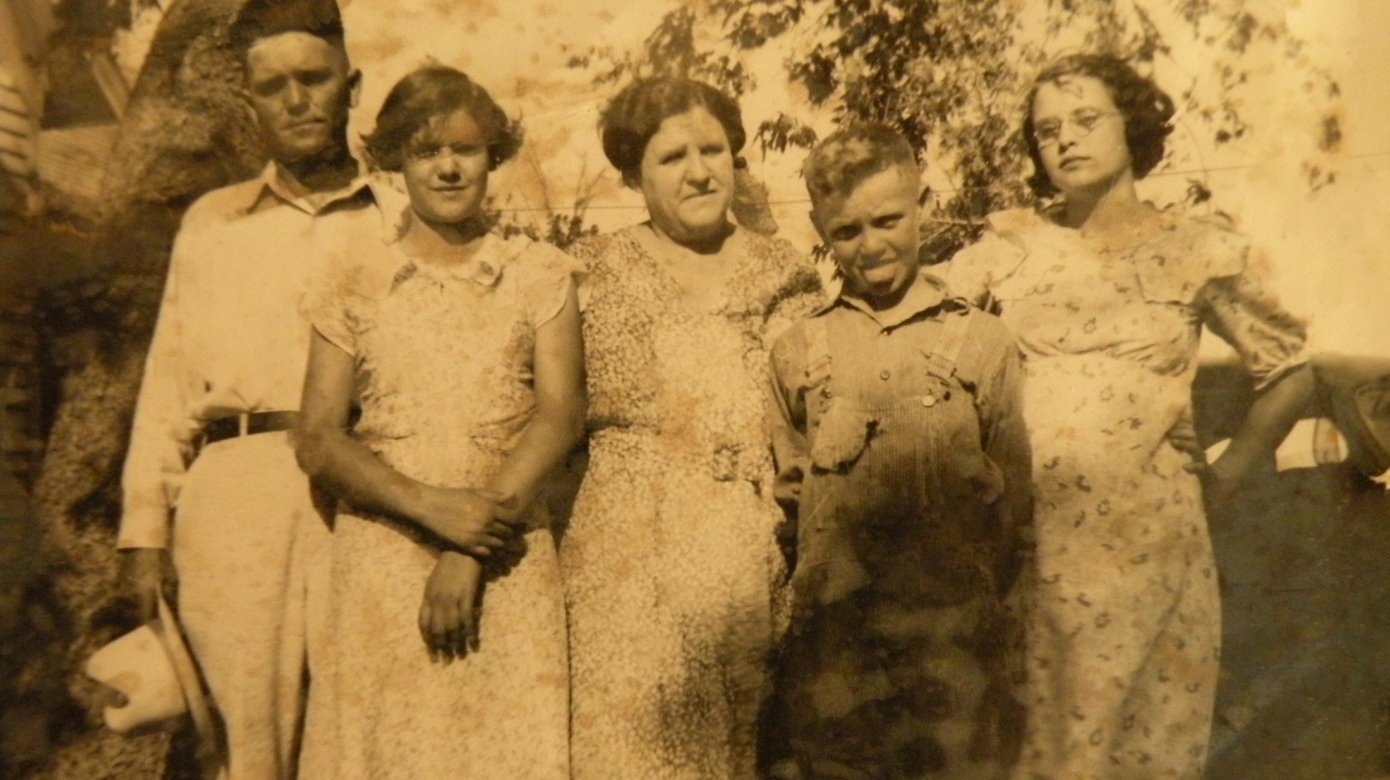 The Peddicords (left to right): Jerry, Mary, Emma, Bud and Ruth, dress up for a family photo.