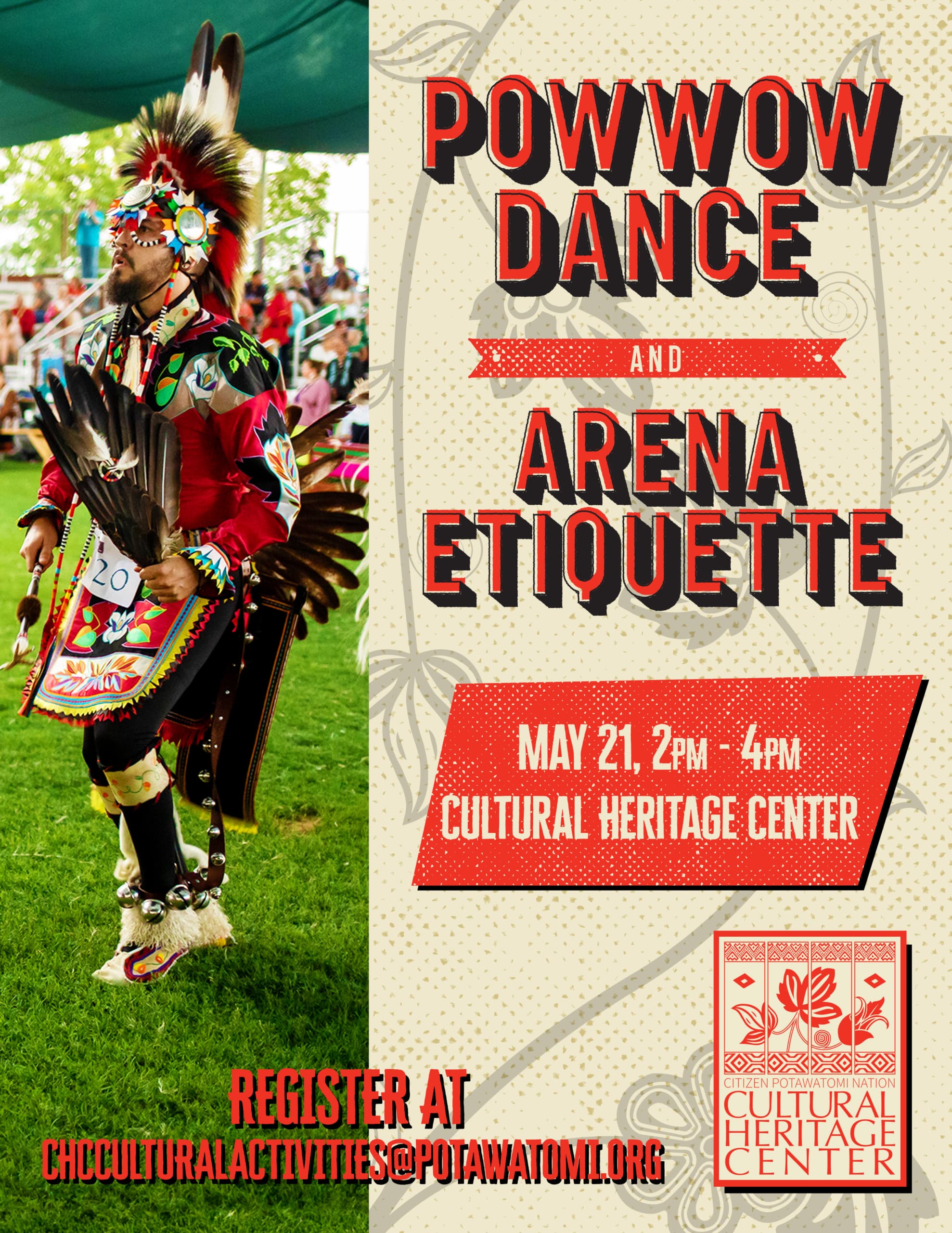 beige background with floral design. Bold red text reads "Powwow dance and arena etiquette class"