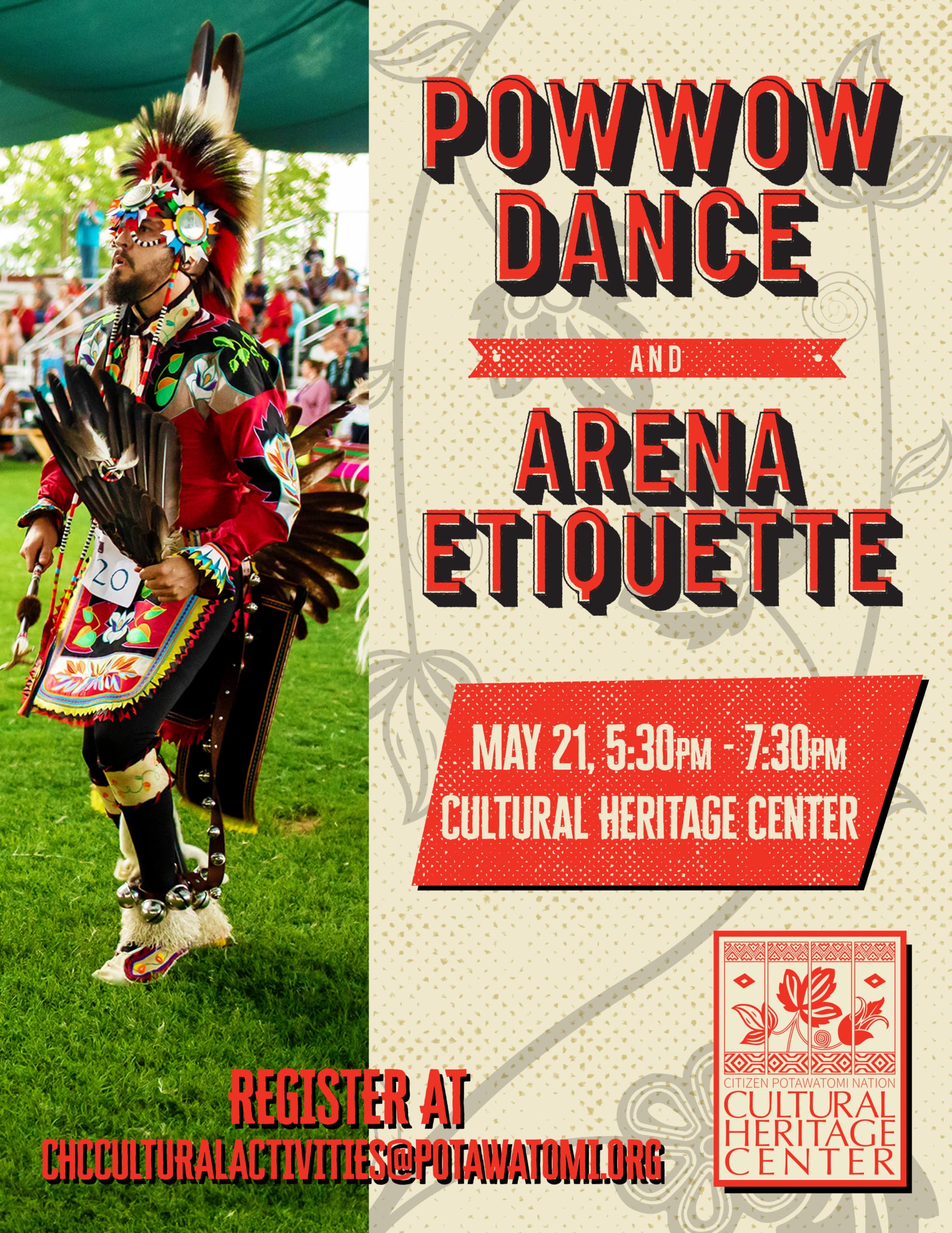 beige background with floral design. Bold red text reads "Powwow dance and arena etiquette class"