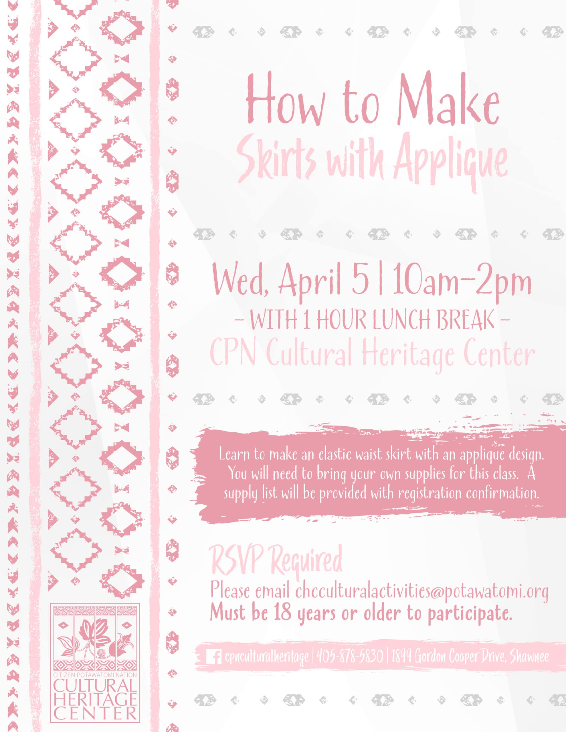 Pink geometric designs frame class details for "How to Make Skirts with Applique."