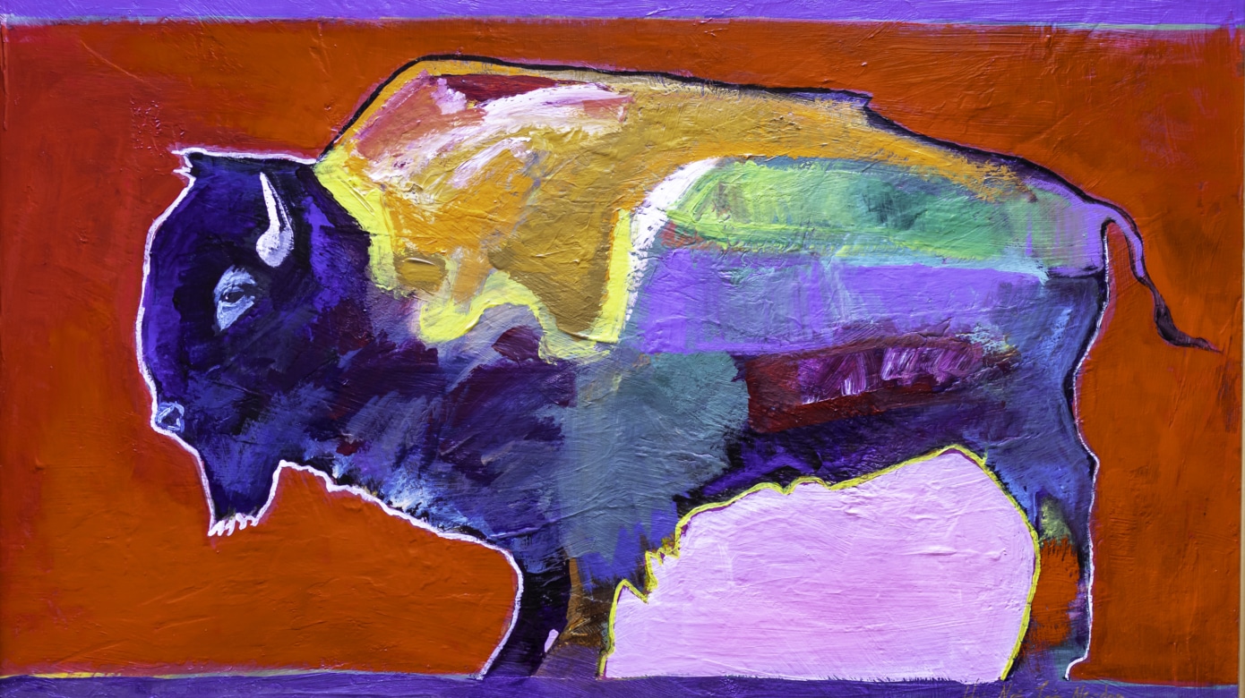 Painting of a bison in blue, yellow, green, and purple.