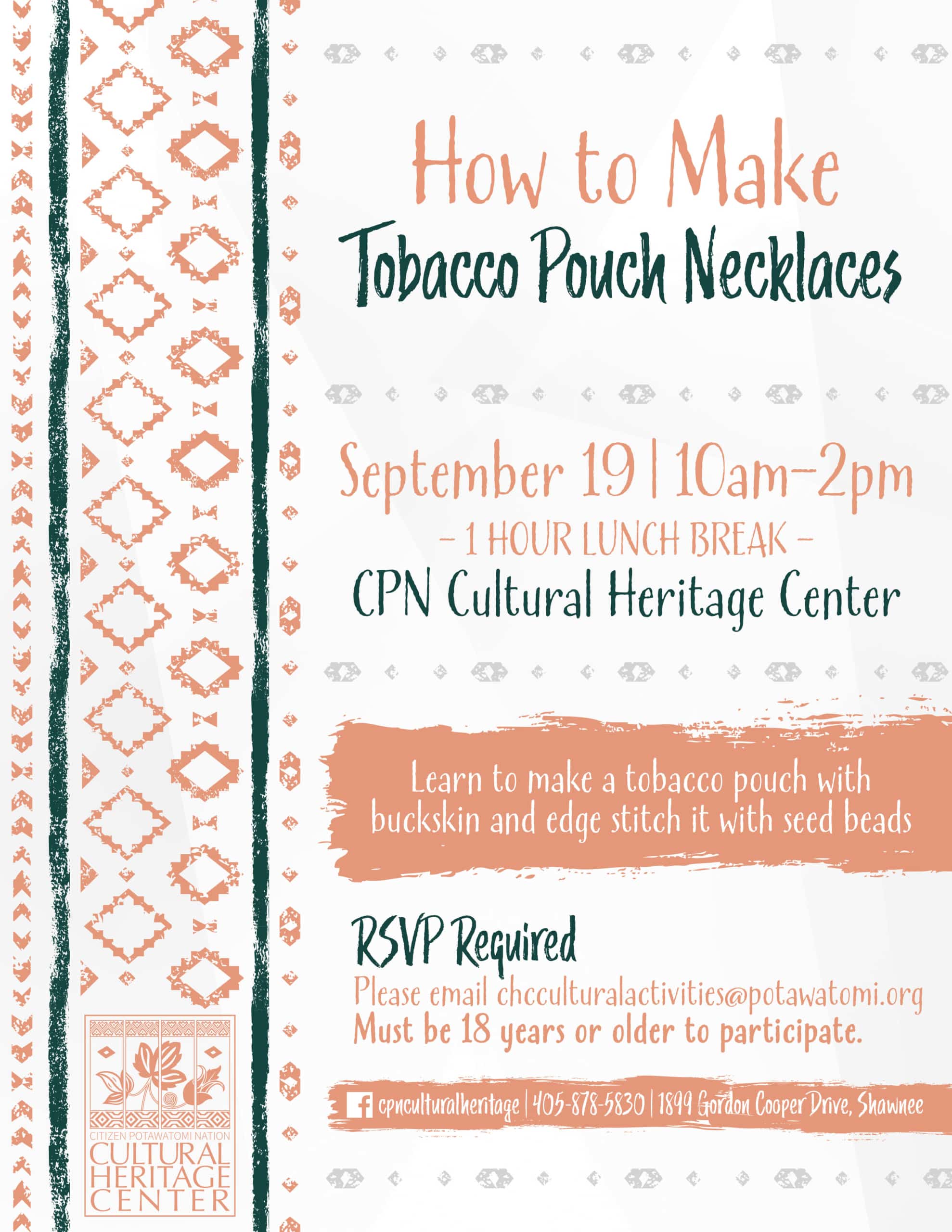 Peach and green geometric patterns frame event details for the September 19 class on how to make tobacco pouch necklaces at the Cultural Heritage Center.
