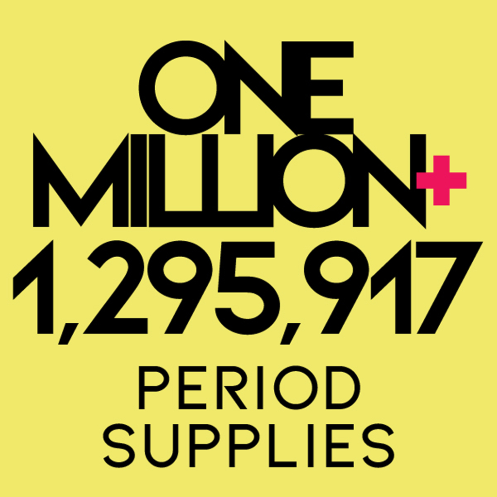 Yellow square overlaid with black text reading: "One Million+ (1,295,917) Period Supplies"