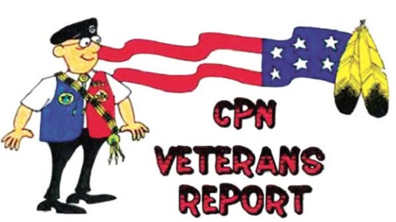 A cartoon figure in uniform joined by a banner of red and white stripes and blue stars to a pair of feathers. Beneath the image is bubble text that reads: "CPN Veterans Report."