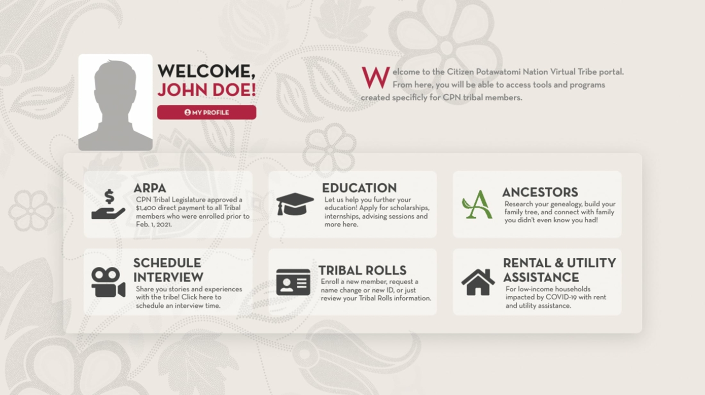A screenshot of the landing page for the CPN Virtual Tribe portal. A light beige background with a darker floral overlay contains a welcome message and panels indicating resources offered within the portal: American Rescue Plan Act; the Department of Education; Rental & Utility Assistance, Tribal Rolls; the new CHC Ancestors portal; and a "schedule interview" button for the CHC's oral history projects.
