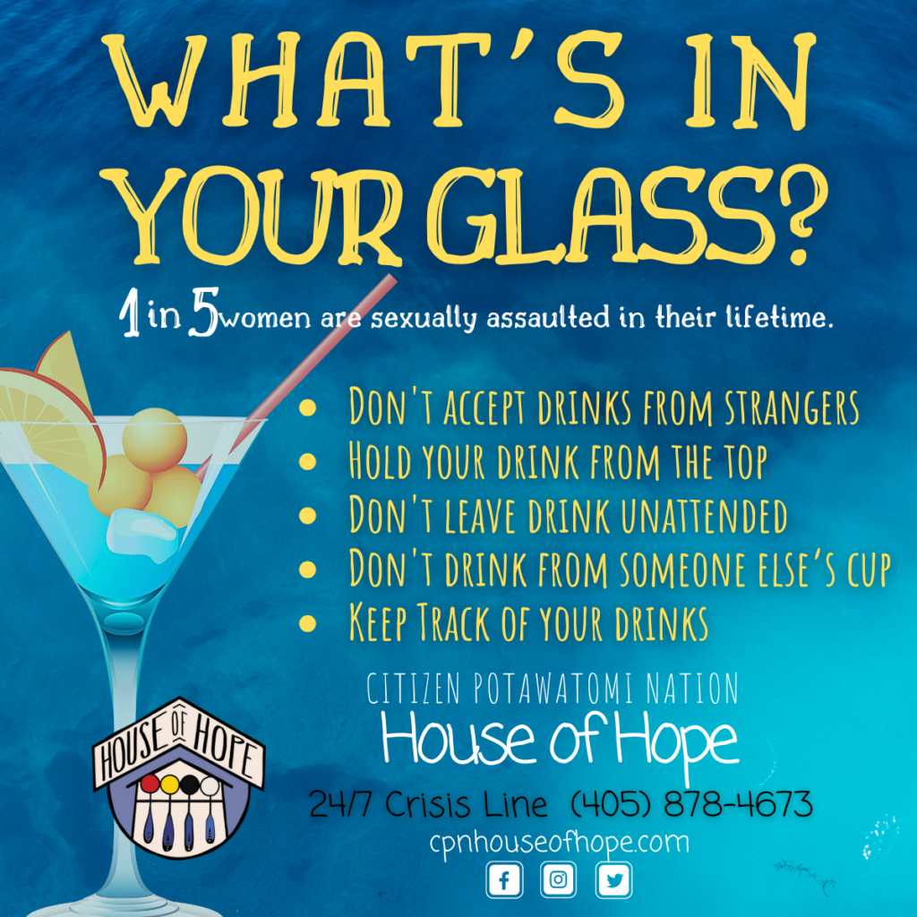 Blue watercolor background with image of a martini glass and yellow text advising against accepting drinks from strangers, leaving a drink unattended, drinking from someone else's cup, and to keep track of one's drink and hold it from the top.