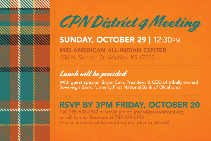 A banner of teal, orange, and white plaid next to an orange background with event details about the CPN District 4 Meeting on October 29, 2023.