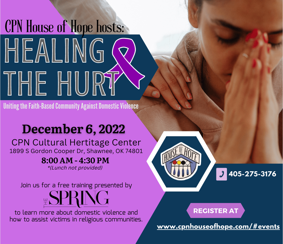 A purple and navy graphic superimposed on an image of a person praying describes an upcoming event for faith leaders in Oklahoma regarding domestic and sexual violence in their congrecations.