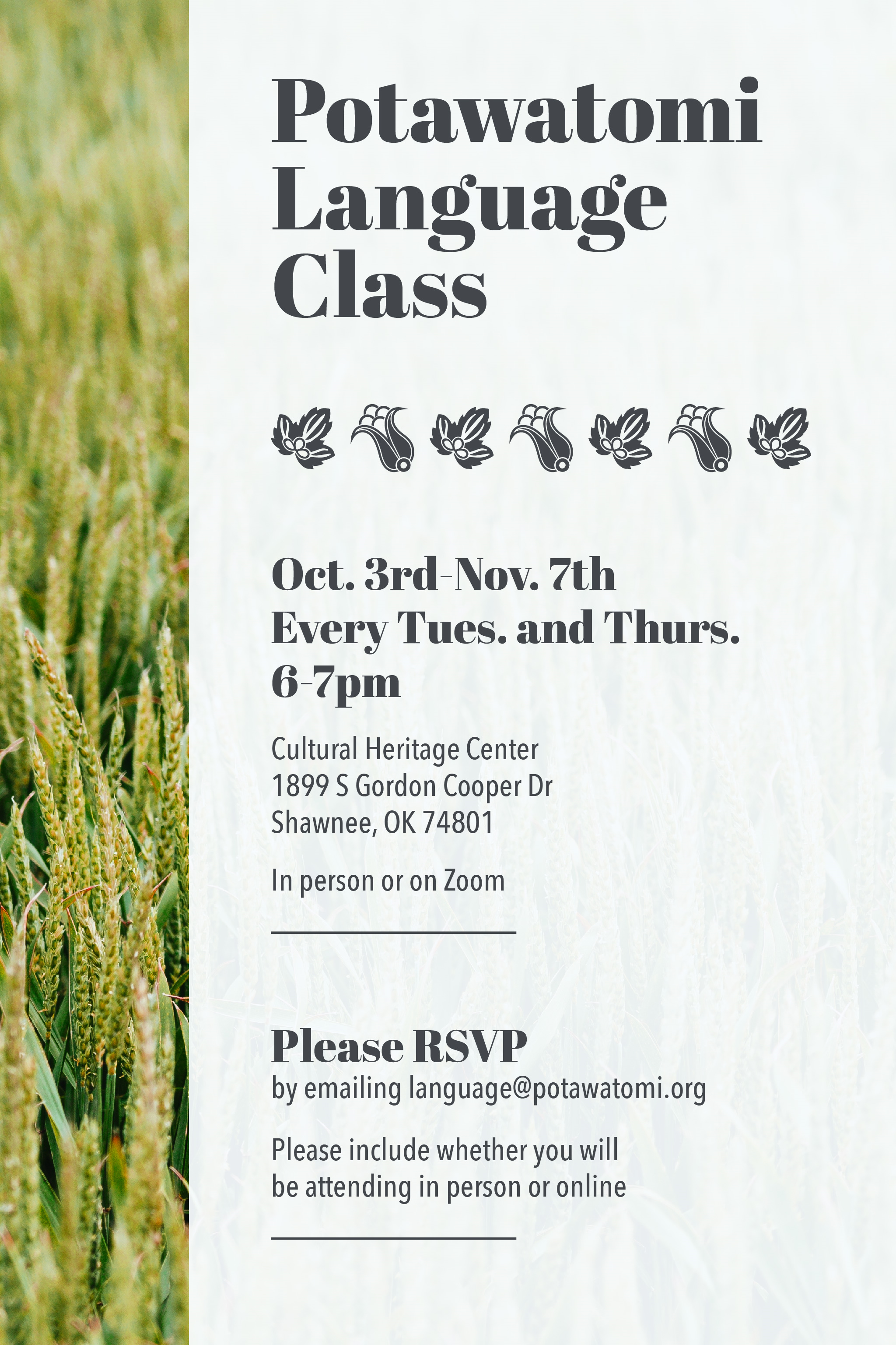 An elegant flyer with a photo of corn tassels down one side advertises the Tuesday/Thursday Potawatomi Language Course in October 2023.