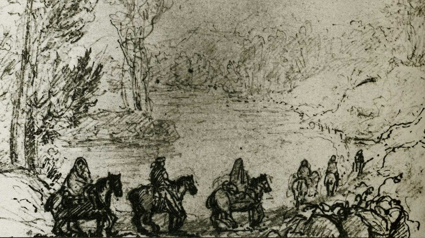 Hand drawn image of Potawatomi on horse-back and on foot during the Trail of Death in 1838 by English artist George Winter.