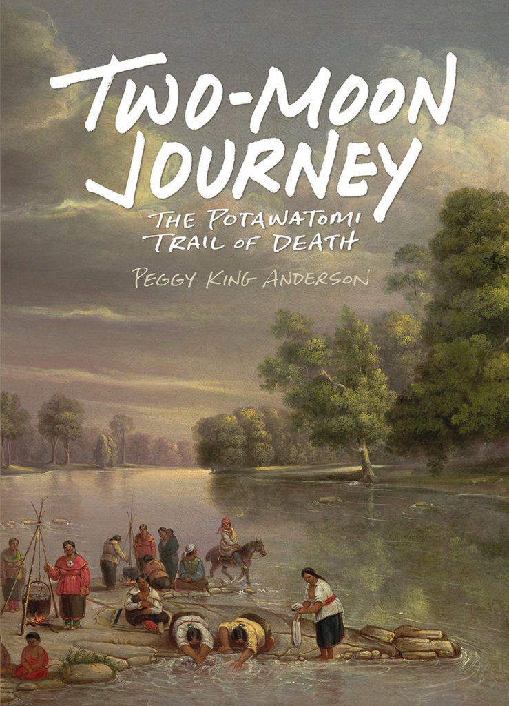Cover of "Two Moon Journey" with white text over a painted scene of people washing clothes in a river and cooking over a fire.